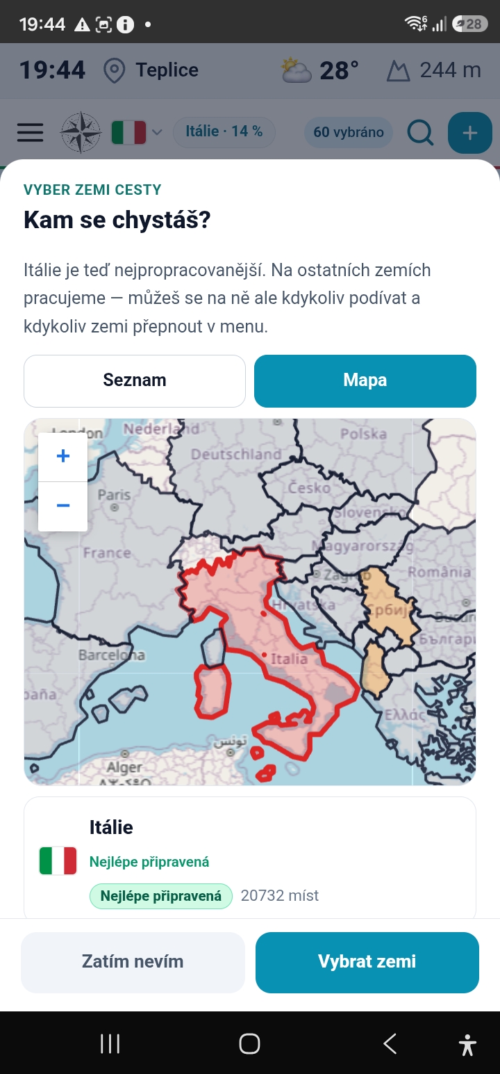 Výběr země — přes 20 000 míst ve 22 zemích Evropy