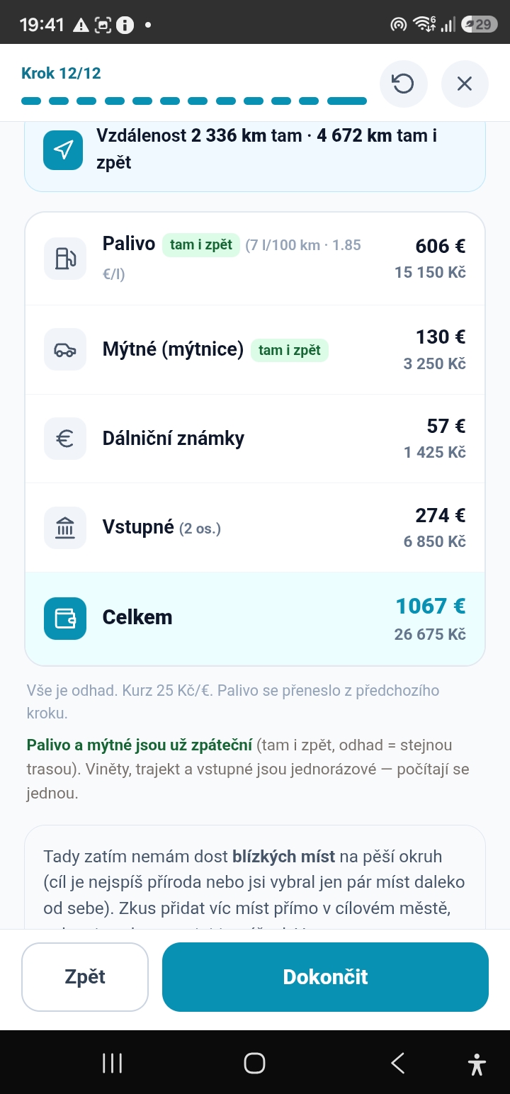 Rozpočet cesty — palivo, mýtné, známky, vstupné